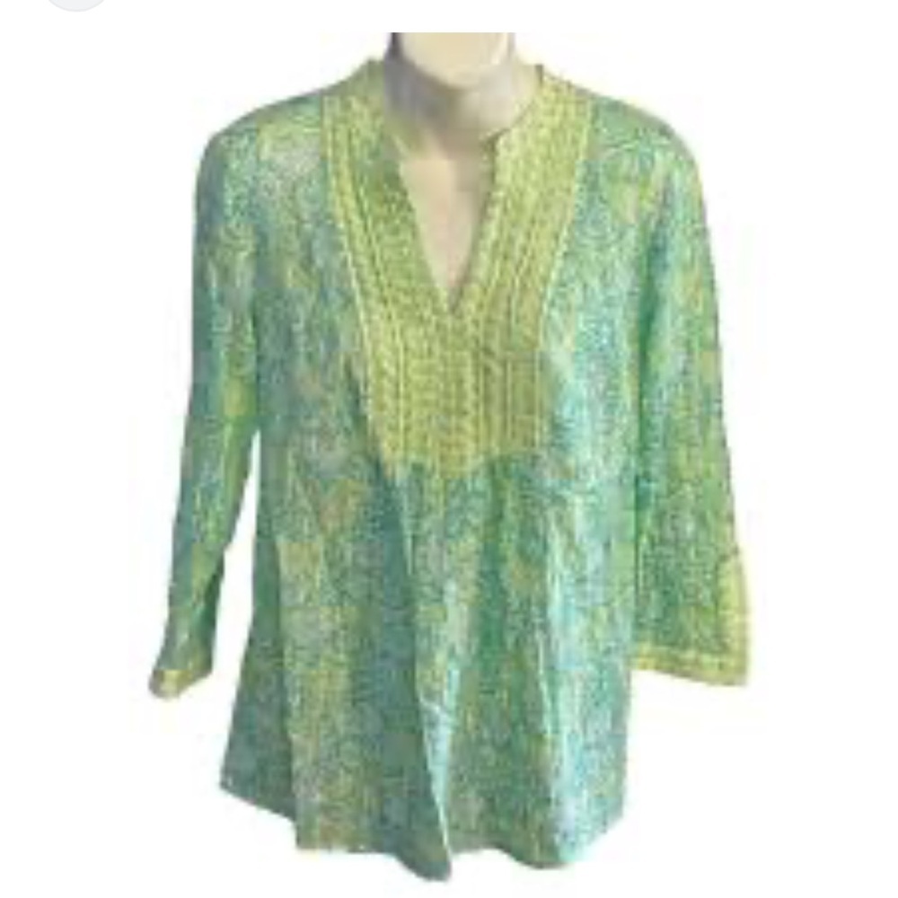 Vineyard Vines Cotton Neon Green and Blue Patterned Tunic Top sz S